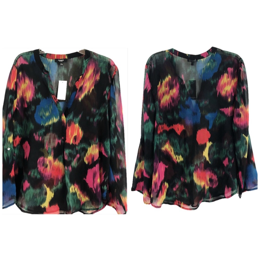 Sheer Blouse Long Sleeve Watercolor, Size L - Picture 3 of 5